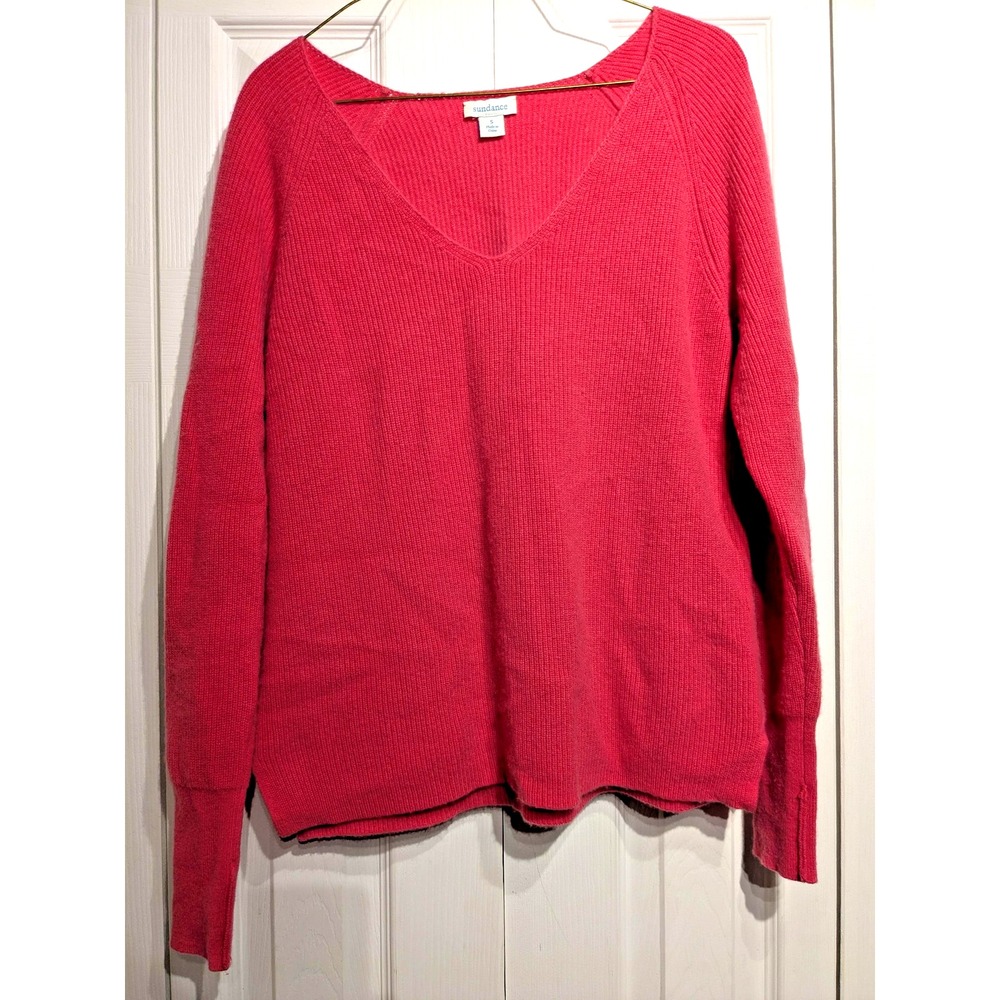 Sundance Sweater Womens Small Pink 100% Cashmere V Neck Ribbed‎ Knit Pullover